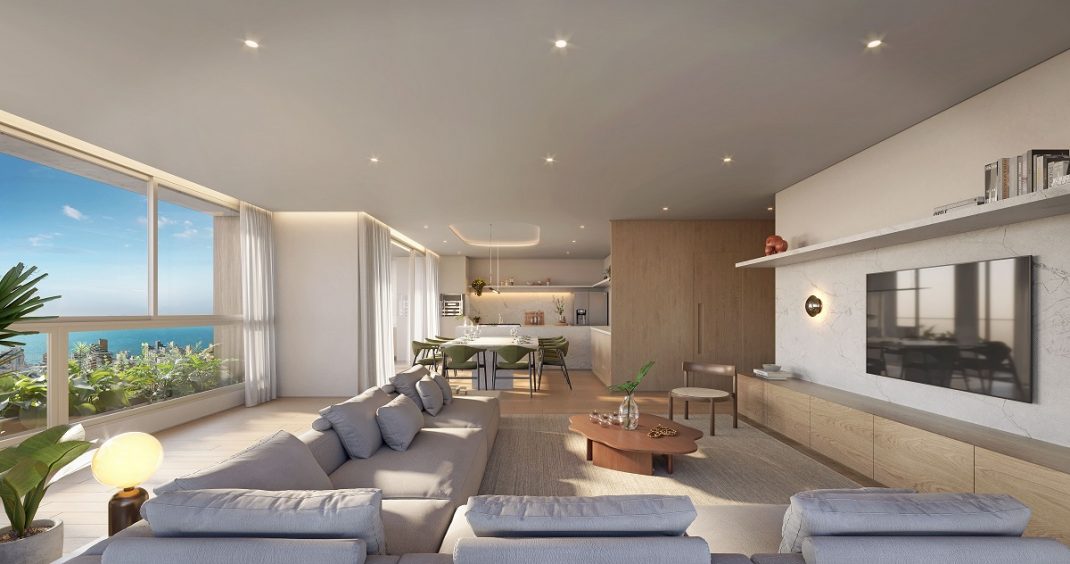 Projeção de sala de um imóvel no futuro empreendimento Dimas Construções, que adota o conceito quiet luxury ou luxo silencioso