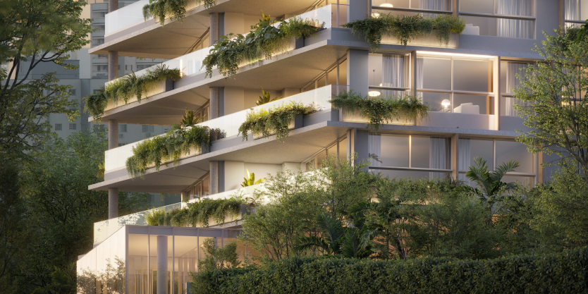  Fachada do D/Sense Home Design, um lançamento da Dimas Construções, caracterizada por varandas com elementos naturais integrados. A estrutura exemplifica a conexão da arquitetura com áreas verdes, enfatizando o compromisso com a sustentabilidade e a qualidade de vida urbana.