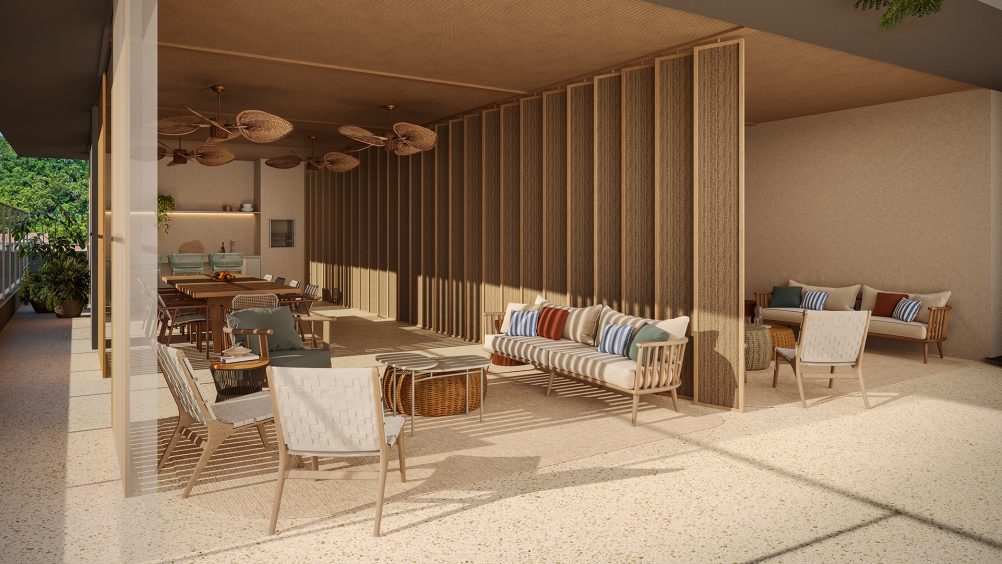 Foto que mostra o espaço lounge do Beach Concept