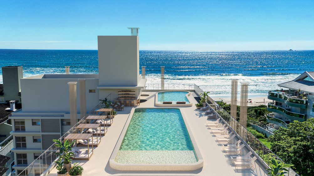 Foto mostrando o Beach Concept de cima com vista para a piscina e a praia.
