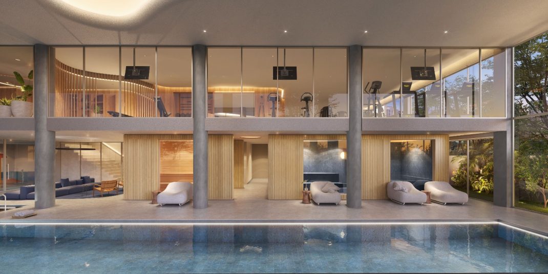 Vista externa da área da piscina e lounge do D/Sense, o verdadeiro conceito de wellness em condomínios